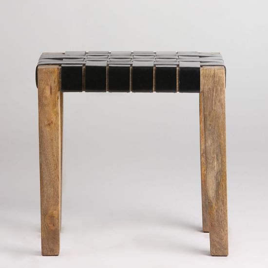 Low Stool - Black Real Leather Strap Seat - Natural Wood Frame
