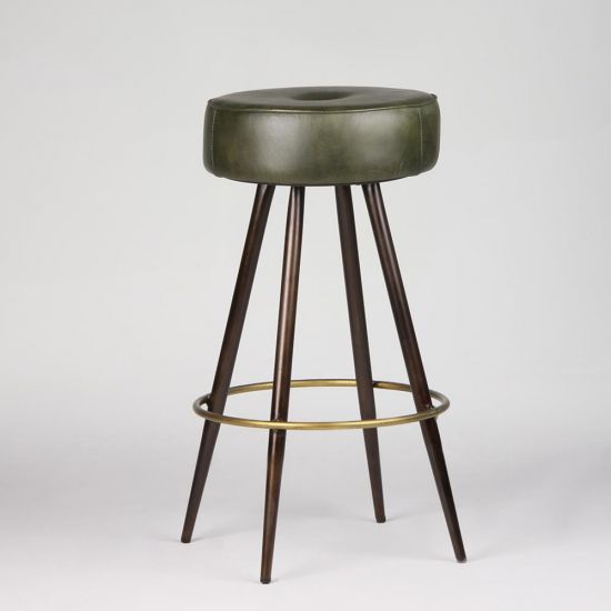 Crompton Bar Stool - Green Round Leather Seat - Pewter & Brass Base - 75cm