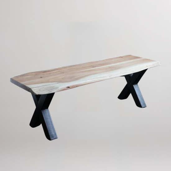Cross Leg Bench - Natural Acacia Wood Seat - Black Base - 180cm