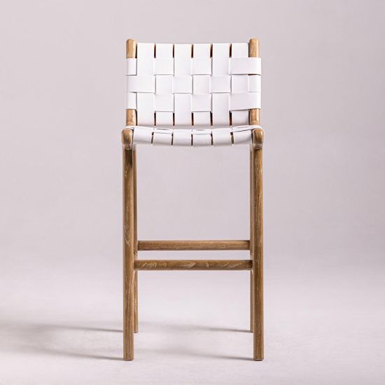 London Bar Stool -White Real Leather Seat - Teak Base - 64cm