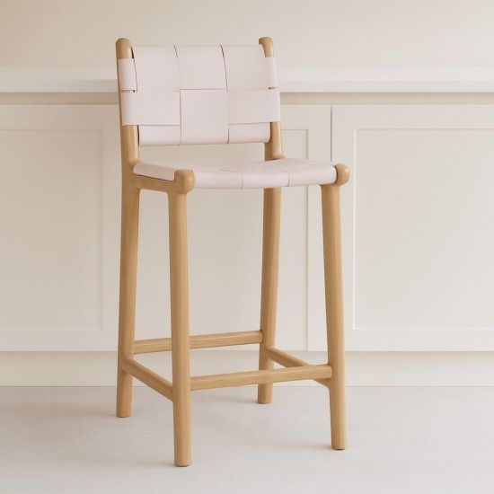 Lisbon Bar Stool - White Leather Seat - Teak Frame - 66cm