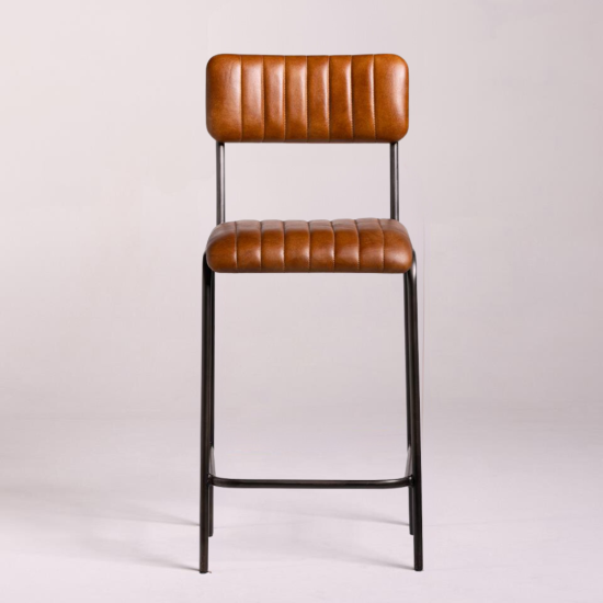 Diner Bar Stool - Tan Real Leather Seat - Grey Metal Frame - 66cm