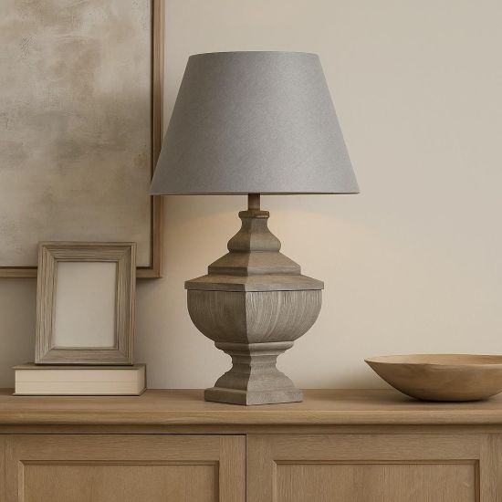 Juno Table Lamp - Grey Light Shade - Brushed Grey Block Wood Base - 64cm