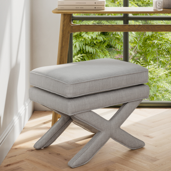 Emilia Low Stool - Grey Linen Blend Fabric Pillow Seat - X-Shaped Legs
