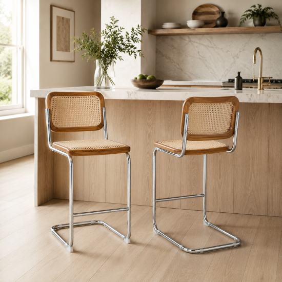 Cesca Bar Stool - Brown Rattan Seat - Chrome Metal Frame - 64 cm
