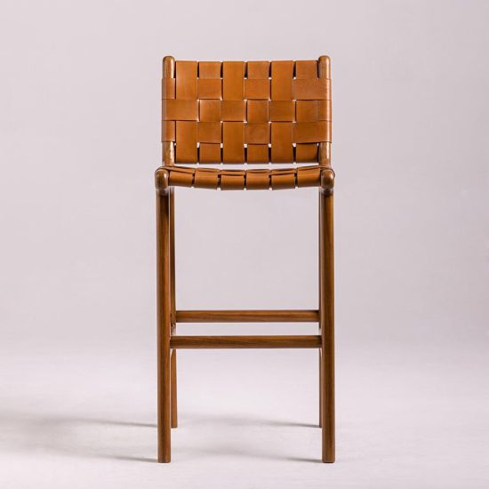 London Bar Stool - Tan Real Leather Seat - Teak Base - 64cm