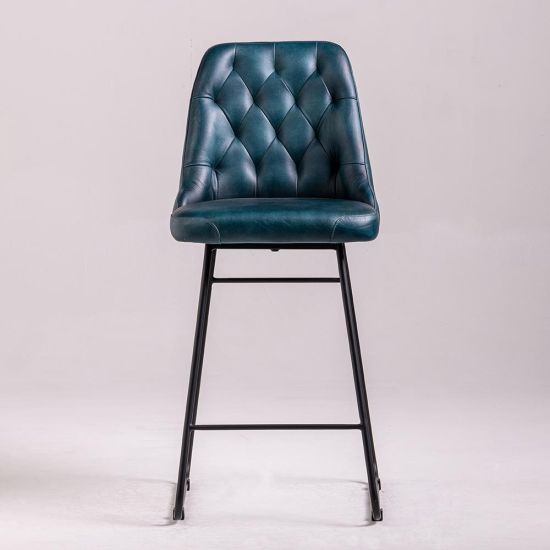 Hague Bar Stool - Blue Real Leather Seat - Black Base - 66cm