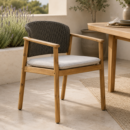 Jakarta Dining Chair - Charcoal Rope Back - Grey Cushion - Acacia Frame