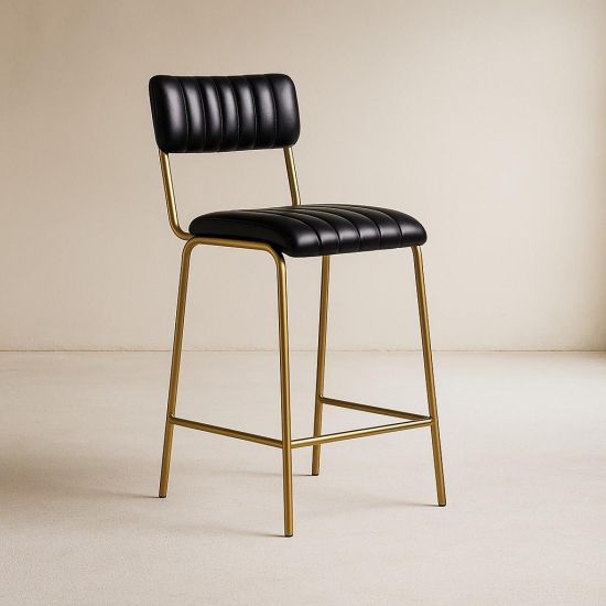 Diner Bar Stool - Black Leather Seat - Antique Brass Metal Frame - 66cm