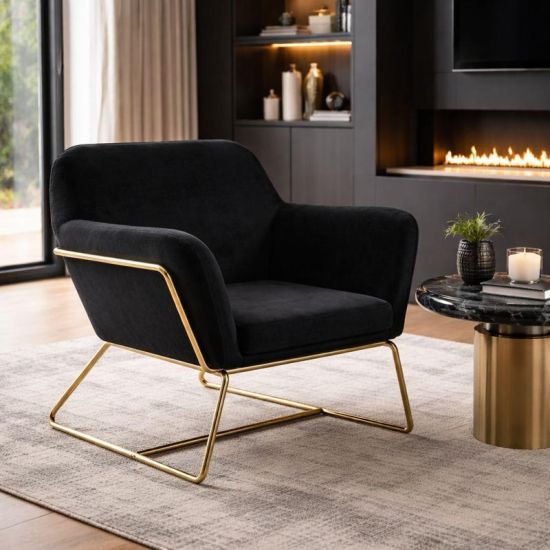 Troy Armchair - Black Velvet Fabric Seat - Brushed Gold Metal Frame