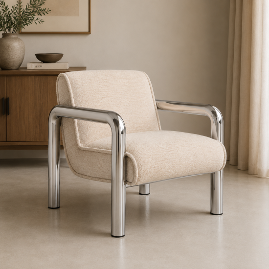 OTI Haider Armchair - Shortbread Textured Seat - Chrome Accent Frame