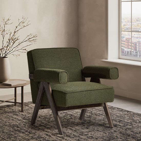 Lorenzo Accent Armchair - Green Boucle Fabric Seat - Brushed Wood Frame