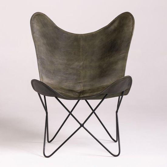 Butterfly Accent Chair - Green Real Leather Seat - Black Base