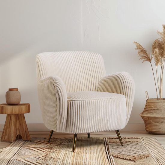 Valencia Armchair - Cream Linen Corduroy Fabric Seat - Brass Gold Metal Legs