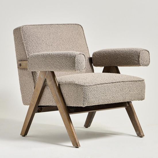 Lorenzo Accent Armchair - Greige Boucle Fabric Seat - Brushed Wood Frame