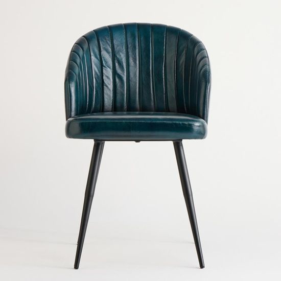 Wilson Dining Chair - Blue Real Leather Seat - Black Metal Base
