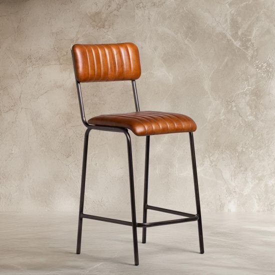Diner Bar Stool - Tan Leather Seat - Grey Metal Frame - 66cm