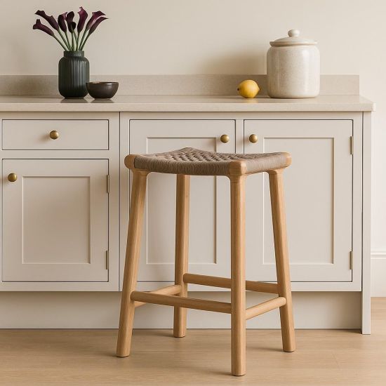 London Backless Bar Stool - Grey Rope Seat - Teak Frame - 66cm