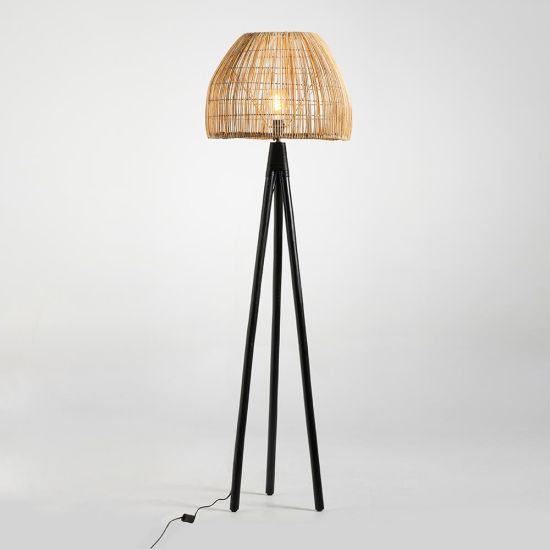 Henry Floor Lamp - Natural Rattan Light Shade - Black Robot Tripod Stand