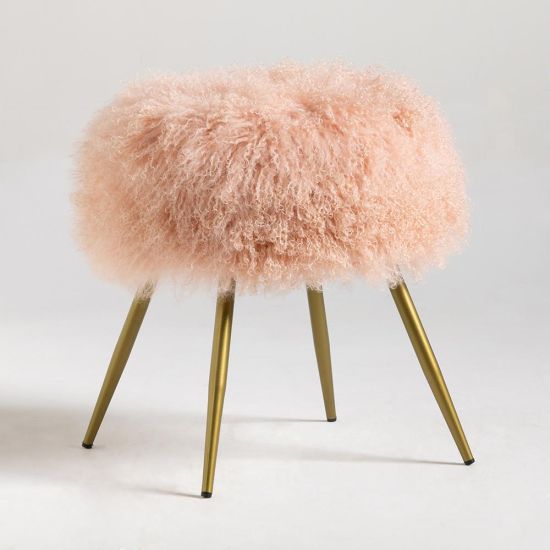 Mongolian Low Stool - Dusty Pink Fur Round Seat - Gold Pencil Legs