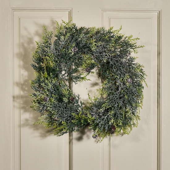 Winter Wreath - Frosted Pine with Pinecones Detail - Traditional Green & White - 55cm