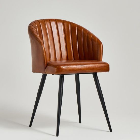 Wilson Dining Chair - Tan Real Leather Seat - Black Metal Base