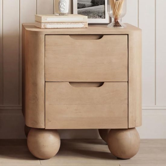 OTI Shibui Bedside Table - Almond Mango Wood 2 Drawers - Ball Feet
