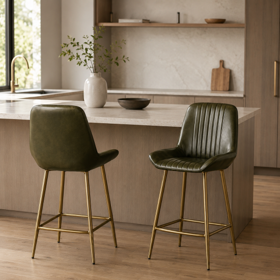 Brooklyn Bar Stool - Green Leather Seat - Dull Gold Metal Base - 66 cm
