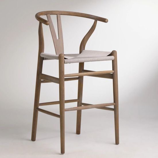 Mid-Century Scandi Bar Stool - Weathered Grey Elm Frame - Grey Seat - 66cm