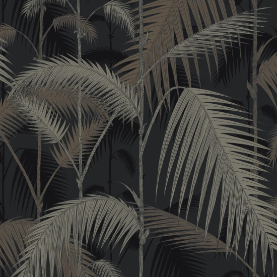 Cole & Son Wallpaper - Palm Jungle - Metallic Gilver on Charcoal
