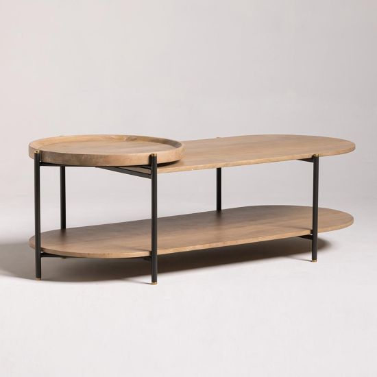 Trinity Coffee Table - Three Tier Lime Wash Mango Wood - Grey Metal Frame