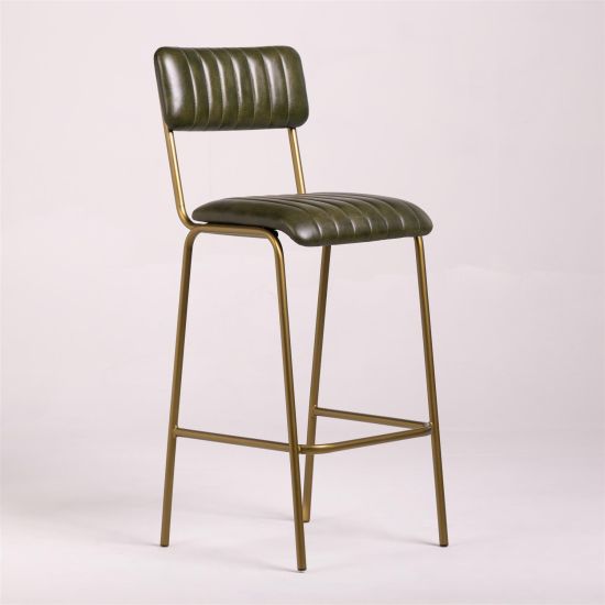 Diner Bar Stool - Green Real Leather Seat - Antique Brass Metal Frame - 75cm