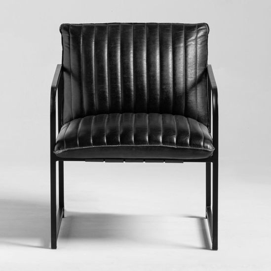 Wilman Armchair - Real Black Ribbed Leather Seat - Black Metal Frame
