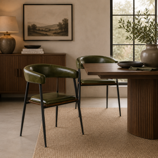 Captains Dining Chair - Green Leather Seat - Black Metal Base