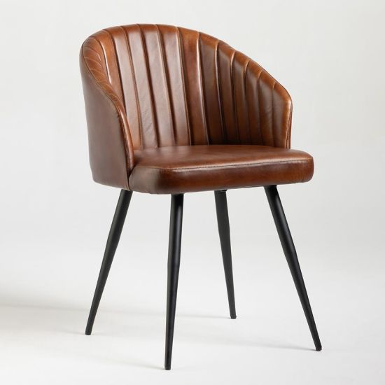 Wilson Dining Chair - Brown Real Leather Seat - Black Metal Base