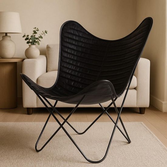 Butterfly Accent Chair - Black Leather Seat - Black Metal Frame