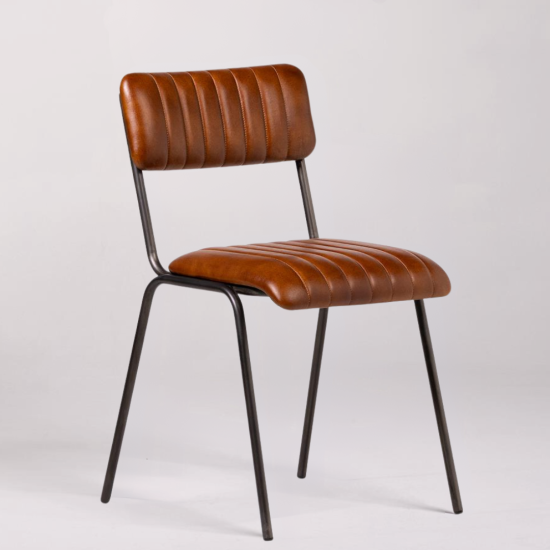 Diner Dining Chair - Tan Real Leather Seat - Natural Metal Frame