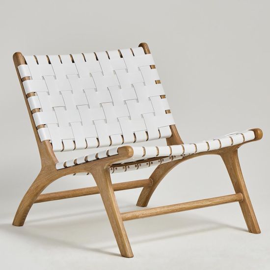 London Lazy Accent Chair - Real White Leather Straps - Teak Base