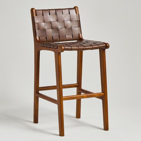 London Bar Stool - Brown Leather Seat - Teak Base - 64cm