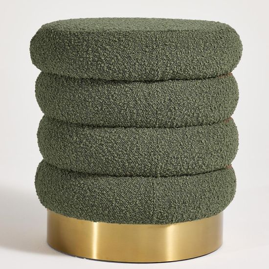 Eden Round Pouffe - Green Boucle Pouf Seat - Gold Metal Base