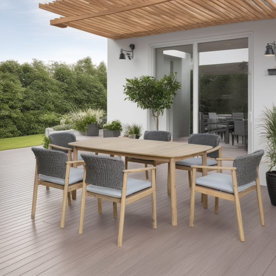 Jakarta Garden Dining Set - 6 Seater - Charcoal Rope Chair - Acacia Table Frame