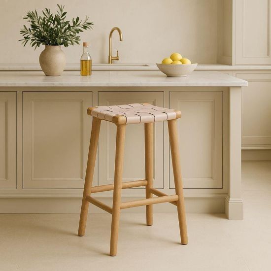London Backless Bar Stool - Ivory Leather Seat - Teak Frame - 66cm