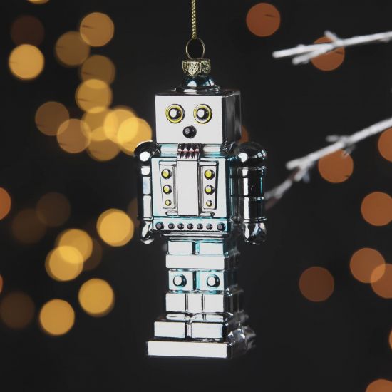 Novelty Christmas Decoration Bauble - Silver & Blue Robot