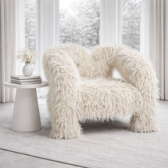 Fenrir Armchair - Long Ivory Faux Sheepskin Fur - Three-Legged Curved Frame