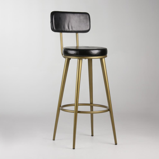 Kate Bar Stool - Antique Black Real Leather Round Seat - Gold Frame - 75cm