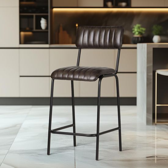 Diner Bar Stool - Grey Real Leather Seat - Clear Natural Metal Frame - 66cm