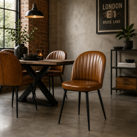 Ducie Dining Chair - Brown Leather Seat - Matt Black Metal Base