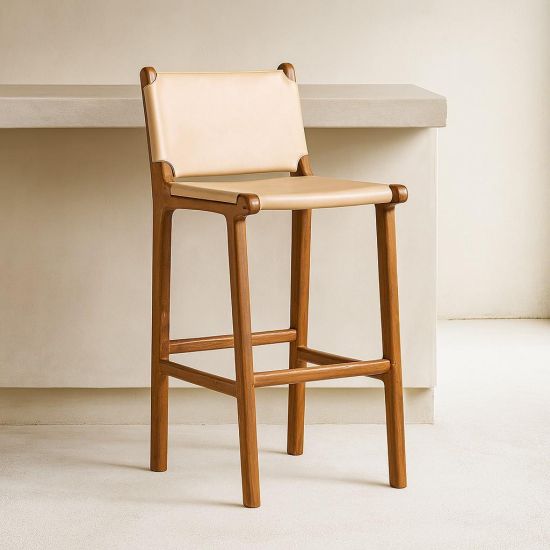 London Sling Bar Stool - Taupe Leather Seat - Teak Frame - 64cm