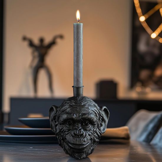 Bobo Candle Holder - Black - Aged Monkey Head Design - 15 x 17cm