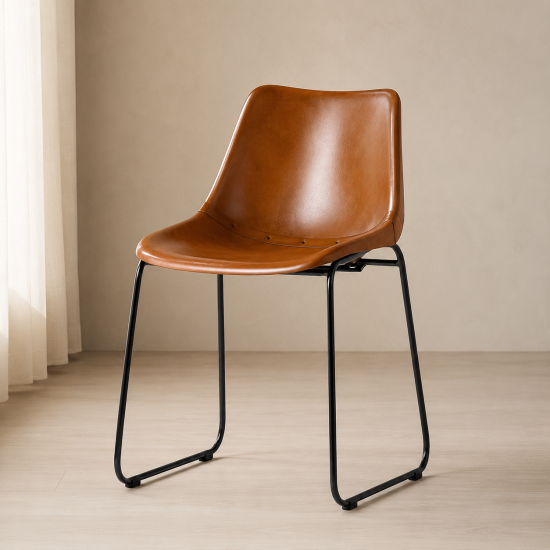 Deluxe RH Dining Chair - Tan Plain Leather Seat - Black Metal Base